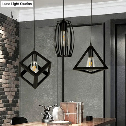 3-Head Pendant Lighting in Black Metal with Retro Stylish Cage Shades for Kitchen, Round/Linear Canopy