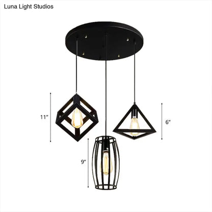 3-Head Pendant Lighting in Black Metal with Retro Stylish Cage Shades for Kitchen, Round/Linear Canopy