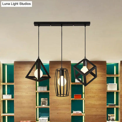 3-Head Pendant Lighting in Black Metal with Retro Stylish Cage Shades for Kitchen, Round/Linear Canopy