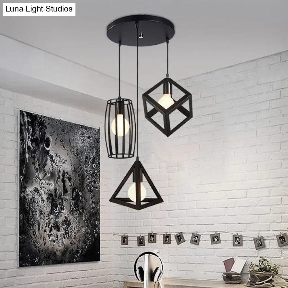 3-Head Pendant Lighting in Black Metal with Retro Stylish Cage Shades for Kitchen, Round/Linear Canopy