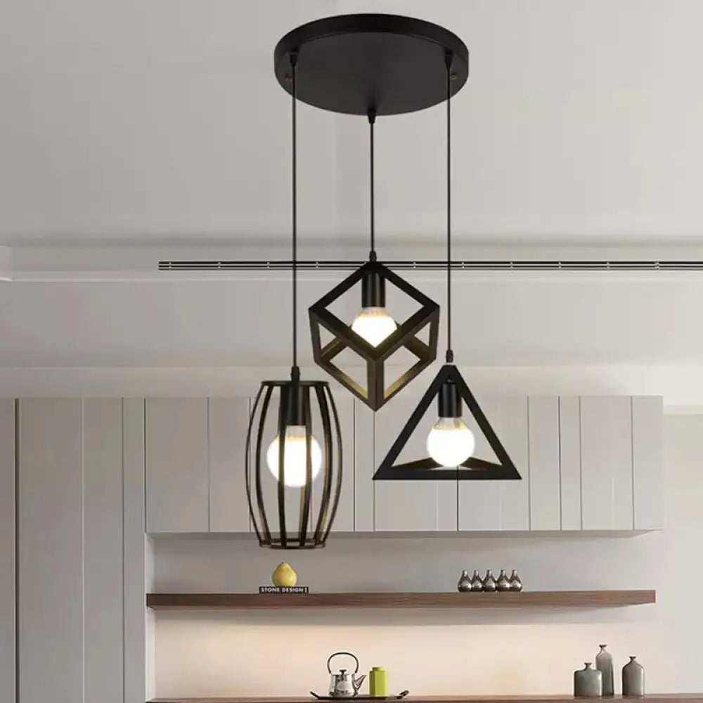 3-Head Pendant Lighting in Black Metal with Retro Stylish Cage Shades for Kitchen, Round/Linear Canopy