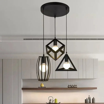 3-Head Pendant Lighting in Black Metal with Retro Stylish Cage Shades for Kitchen, Round/Linear Canopy