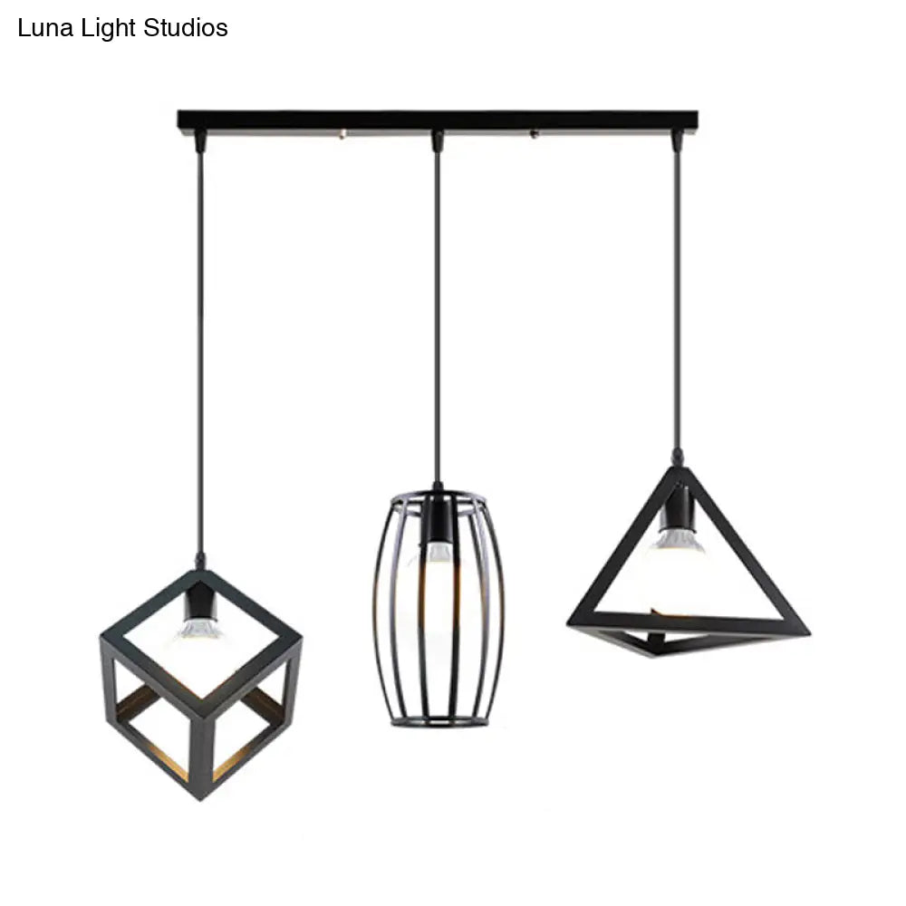 3-Head Pendant Lighting in Black Metal with Retro Stylish Cage Shades for Kitchen, Round/Linear Canopy