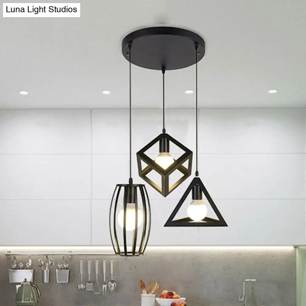 3-Head Pendant Lighting in Black Metal with Retro Stylish Cage Shades for Kitchen, Round/Linear Canopy