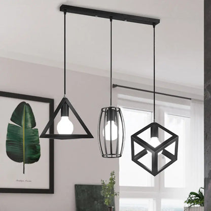 3-Head Pendant Lighting in Black Metal with Retro Stylish Cage Shades for Kitchen, Round/Linear Canopy