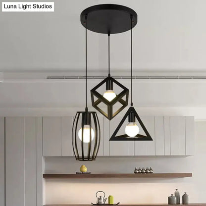 3-Head Pendant Lighting in Black Metal with Retro Stylish Cage Shades for Kitchen, Round/Linear Canopy