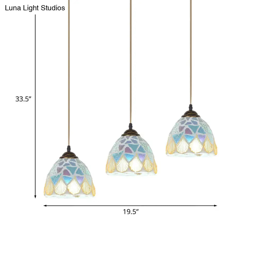 3-Head Tiffany Bronze Pendant Lamp with Mosaic-Tile Bell Shell Shade - Exquisite Restaurant Hanging Light