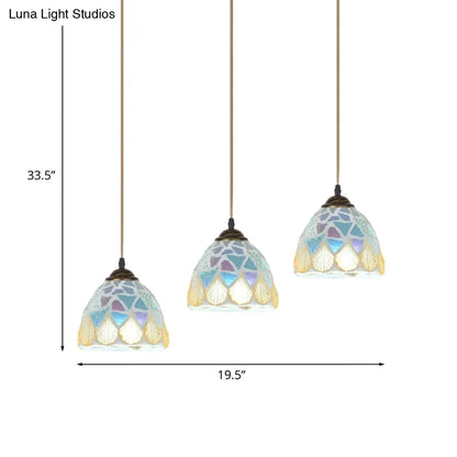 3-Head Tiffany Bronze Pendant Lamp with Mosaic-Tile Bell Shell Shade - Exquisite Restaurant Hanging Light