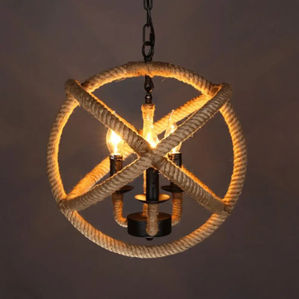 Lámpara de araña esférica de 3 cabezas con cuerda de cáñamo y luz colgante beige