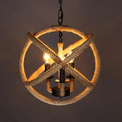 Lámpara de araña esférica de 3 cabezas con cuerda de cáñamo y luz colgante beige