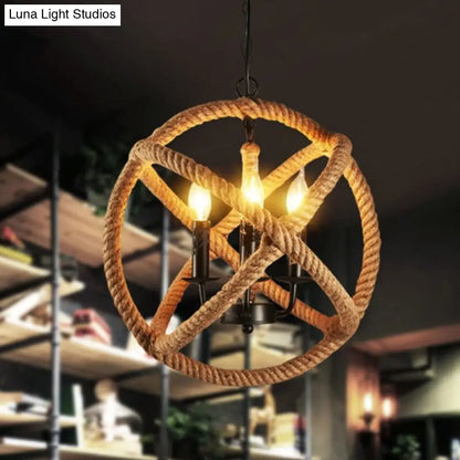 Lámpara de araña esférica de 3 cabezas con cuerda de cáñamo y luz colgante beige