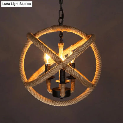 Lámpara de araña esférica de 3 cabezas con cuerda de cáñamo y luz colgante beige