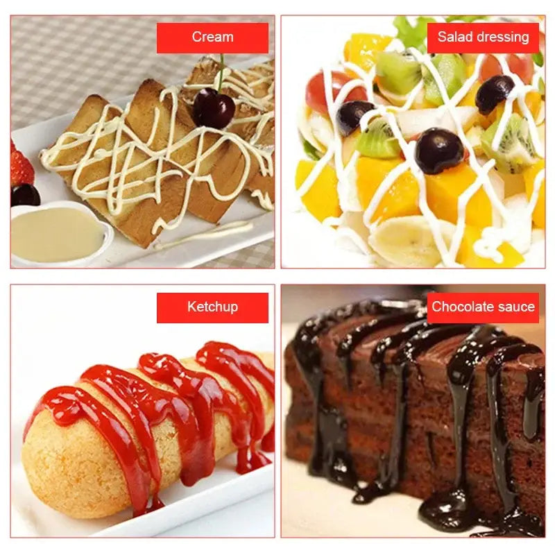 Cream drizzled in a zigzag pattern over french toast using a 3-hole multi-color squeeze bottle condiment dispenser kitchen set