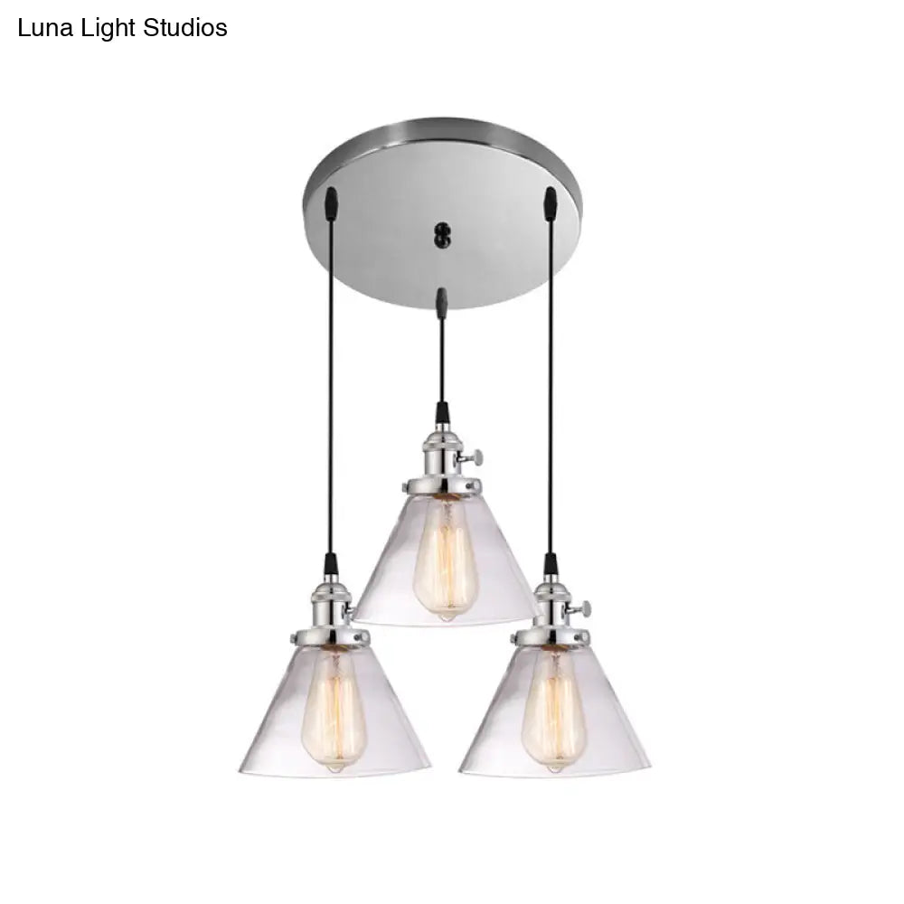 3-Light Cluster Pendant: Clear Glass Cone Down Lighting for Dining Room