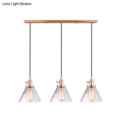 3-Light Cluster Pendant: Clear Glass Cone Down Lighting for Dining Room