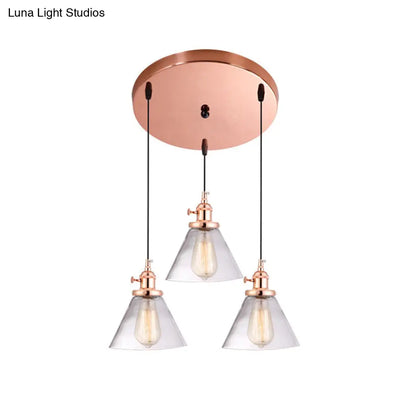 3-Light Cluster Pendant: Clear Glass Cone Down Lighting for Dining Room