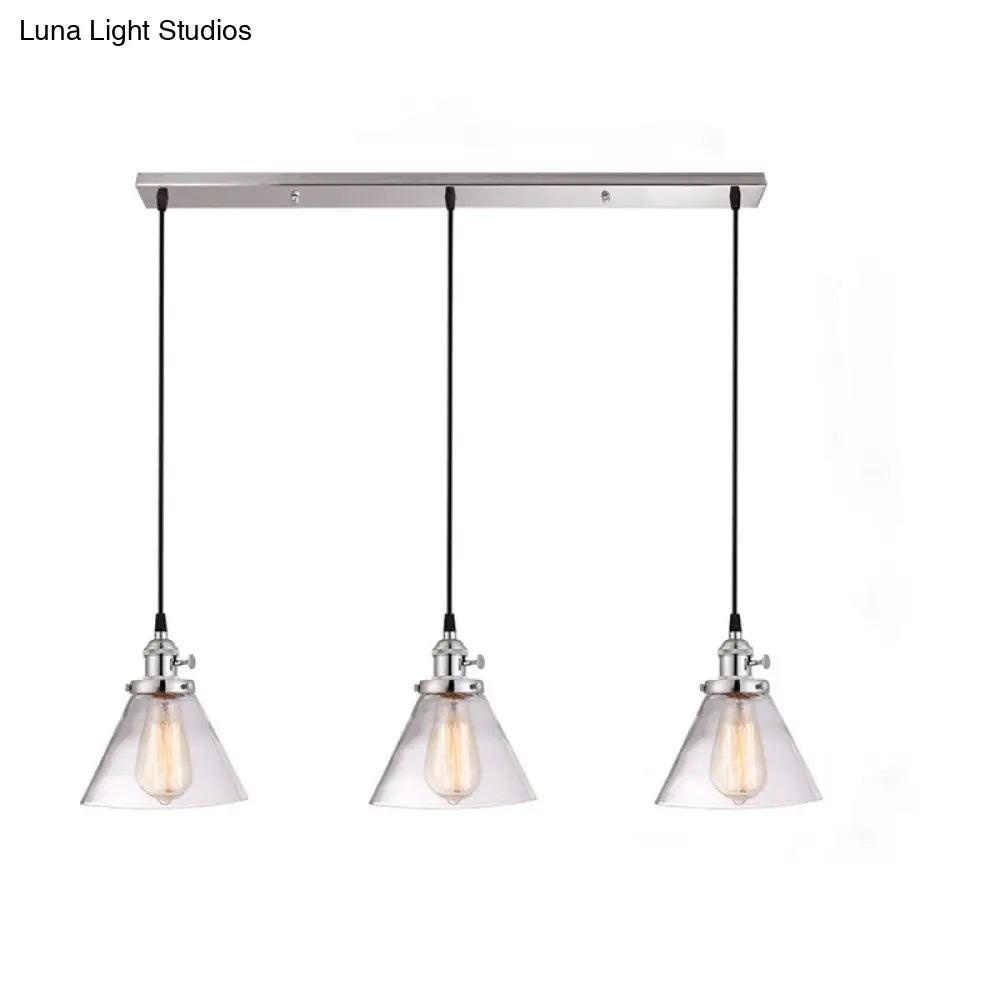 3-Light Cluster Pendant: Clear Glass Cone Down Lighting for Dining Room