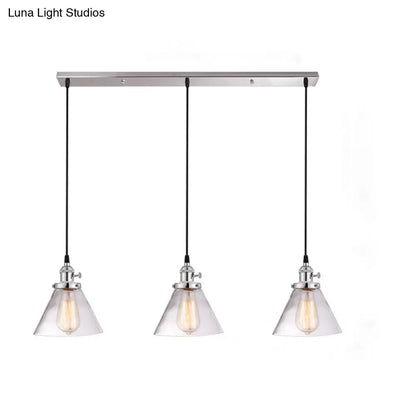 3-Light Cluster Pendant: Clear Glass Cone Down Lighting for Dining Room