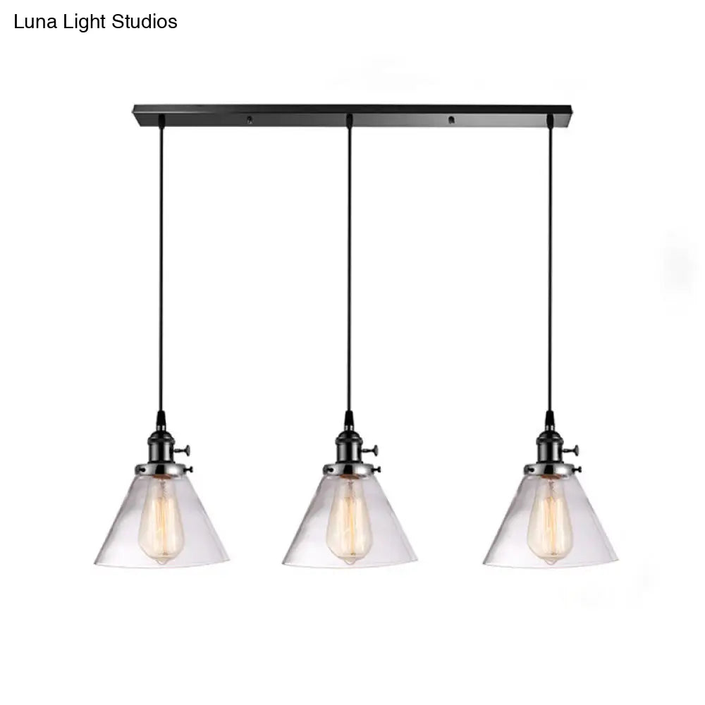 3-Light Cluster Pendant: Clear Glass Cone Down Lighting for Dining Room