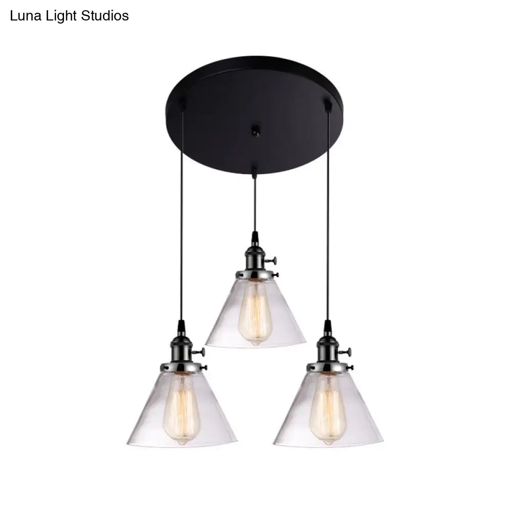 3-Light Cluster Pendant: Clear Glass Cone Down Lighting for Dining Room