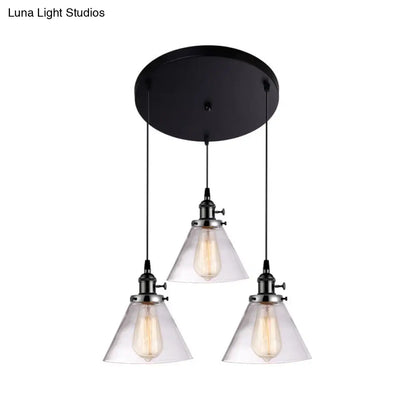 3-Light Cluster Pendant: Clear Glass Cone Down Lighting for Dining Room