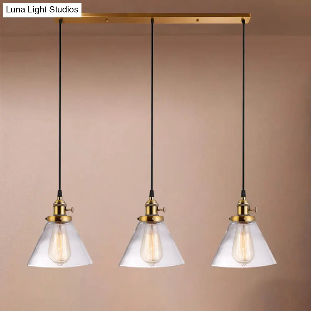 3-Light Cluster Pendant: Clear Glass Cone Down Lighting for Dining Room