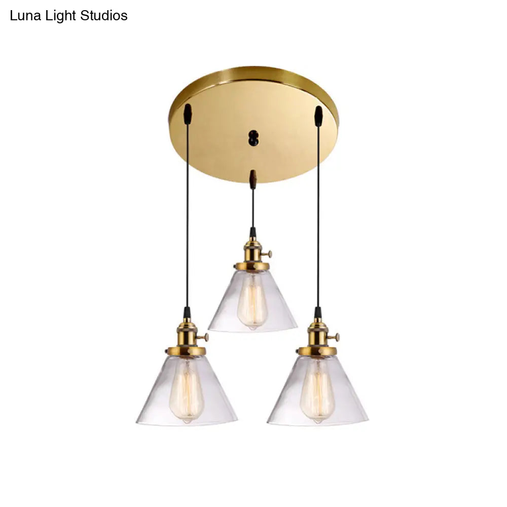 3-Light Cluster Pendant: Clear Glass Cone Down Lighting for Dining Room