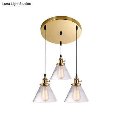 3-Light Cluster Pendant: Clear Glass Cone Down Lighting for Dining Room