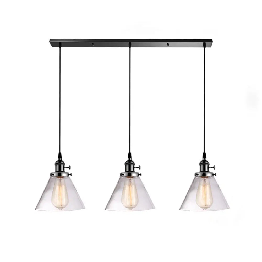 3-Light Cluster Pendant: Clear Glass Cone Down Lighting for Dining Room