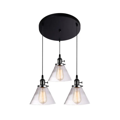 3-Light Cluster Pendant: Clear Glass Cone Down Lighting for Dining Room