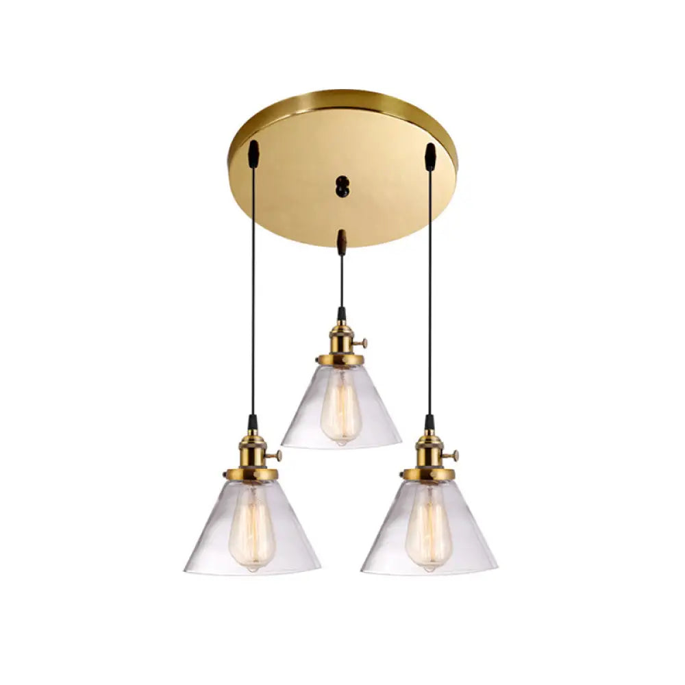 3-Light Cluster Pendant: Clear Glass Cone Down Lighting for Dining Room