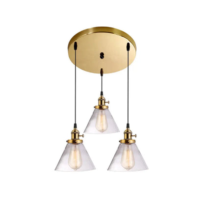 3-Light Cluster Pendant: Clear Glass Cone Down Lighting for Dining Room