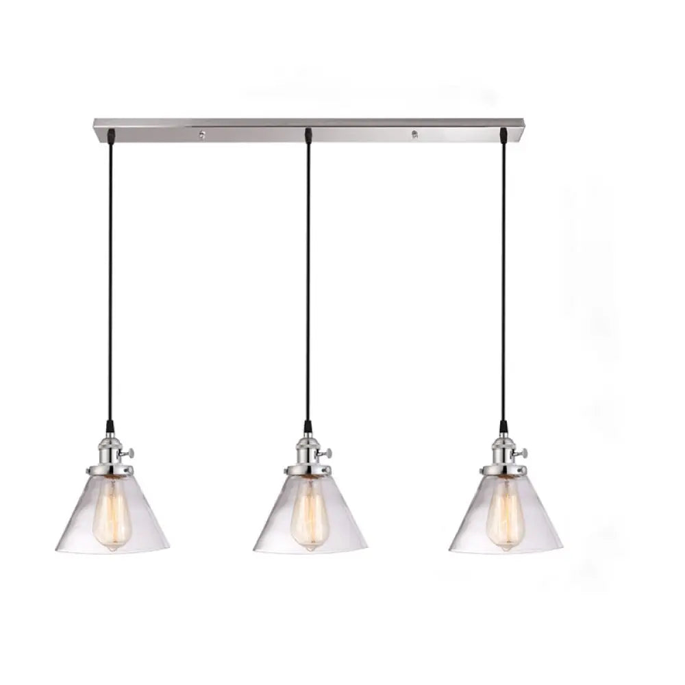 3-Light Cluster Pendant: Clear Glass Cone Down Lighting for Dining Room