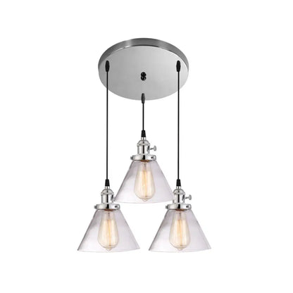 3-Light Cluster Pendant: Clear Glass Cone Down Lighting for Dining Room