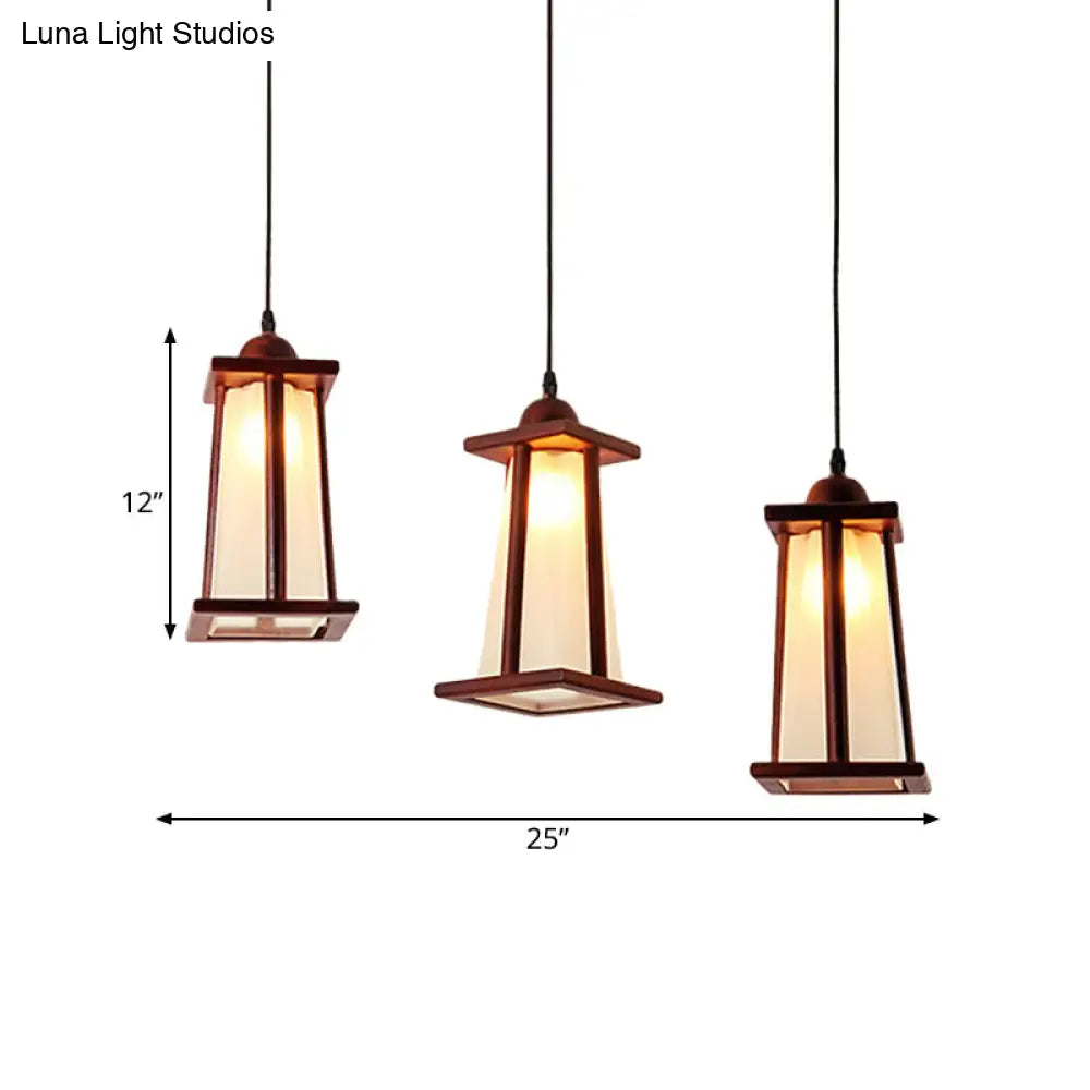 3-Light Coastal Wood Cluster Pendant with Frosted Glass Trapezoid Shade - Stylish Hanging Ceiling Light