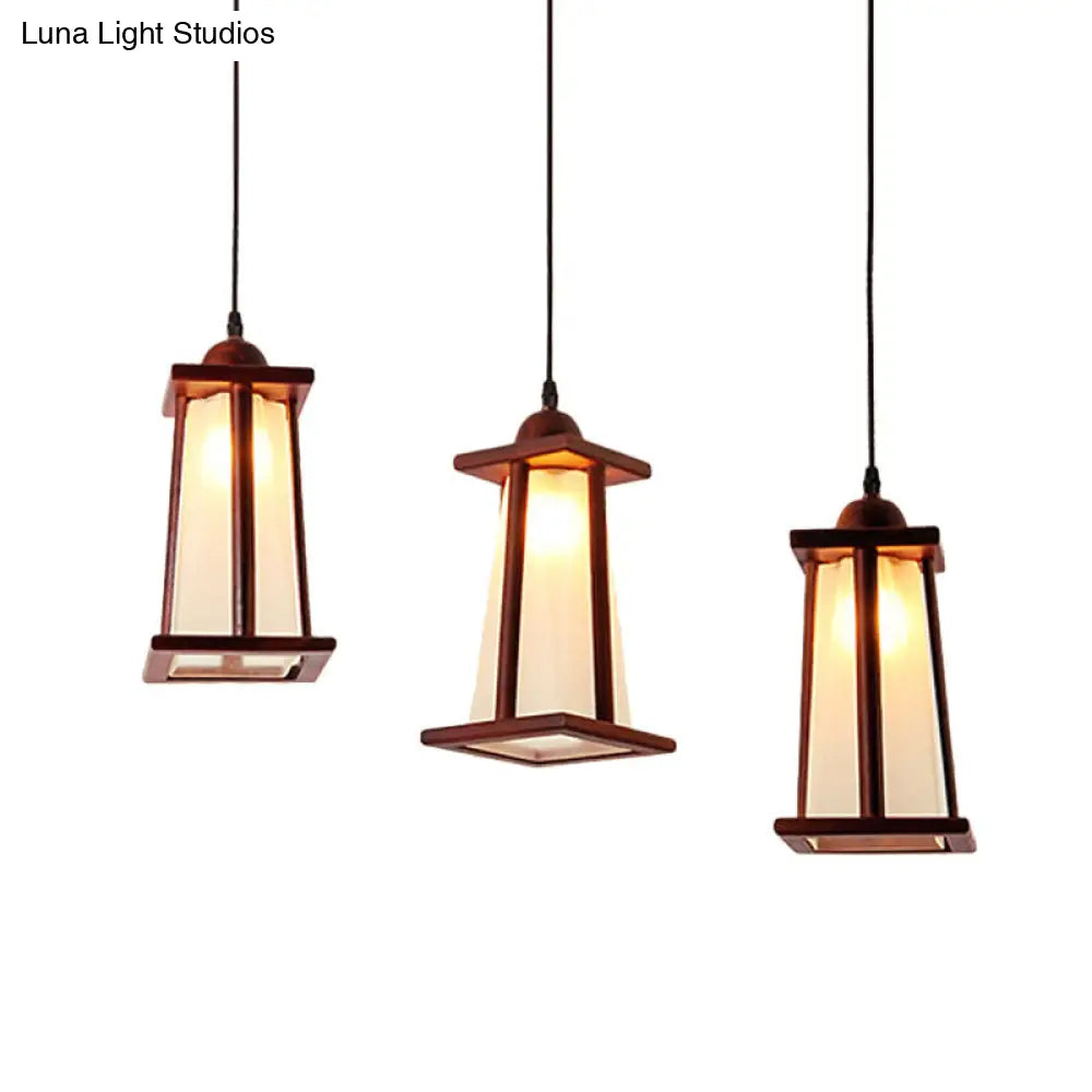 3-Light Coastal Wood Cluster Pendant with Frosted Glass Trapezoid Shade - Stylish Hanging Ceiling Light