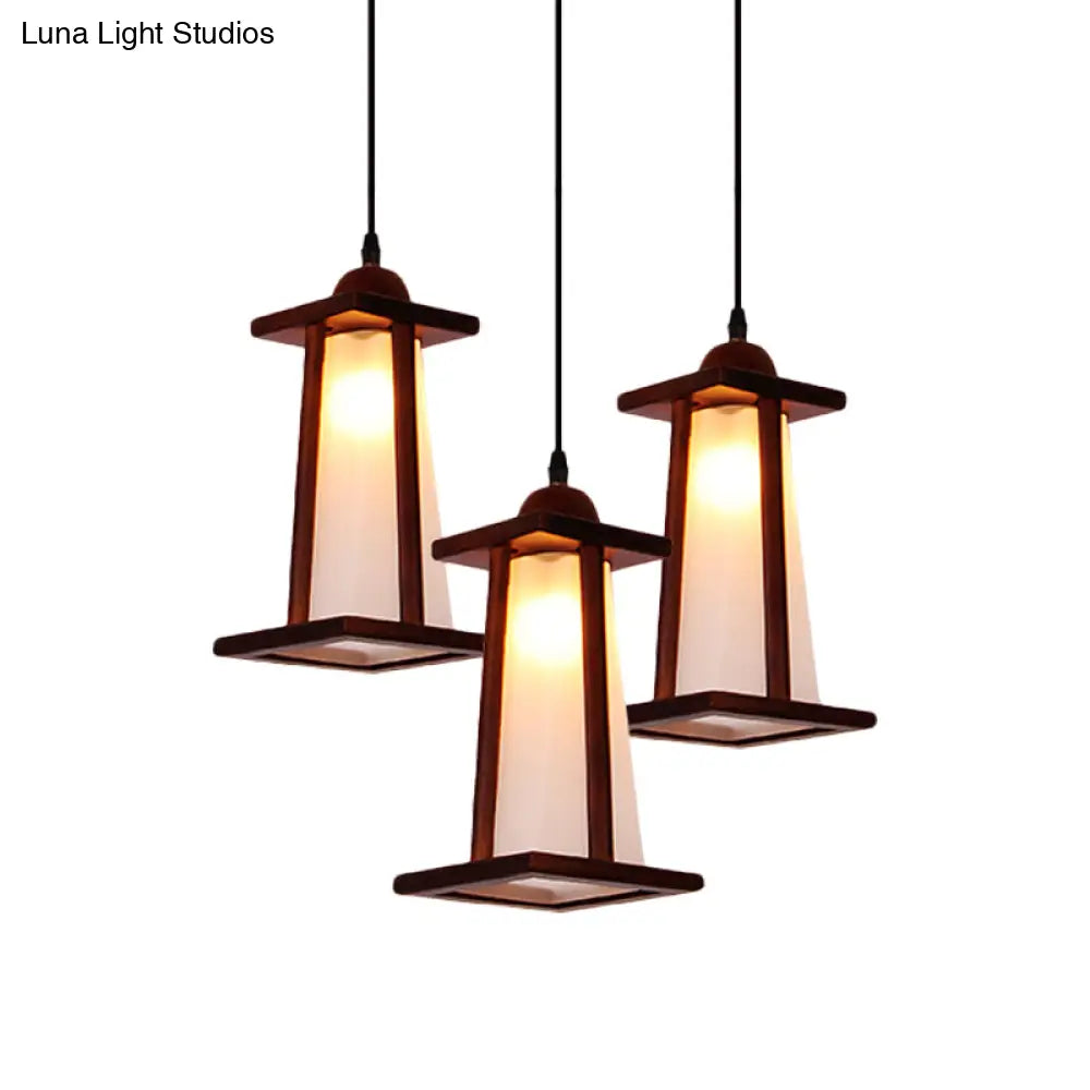 3-Light Coastal Wood Cluster Pendant with Frosted Glass Trapezoid Shade - Stylish Hanging Ceiling Light