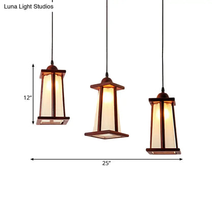 3-Light Coastal Wood Cluster Pendant with Frosted Glass Trapezoid Shade - Stylish Hanging Ceiling Light