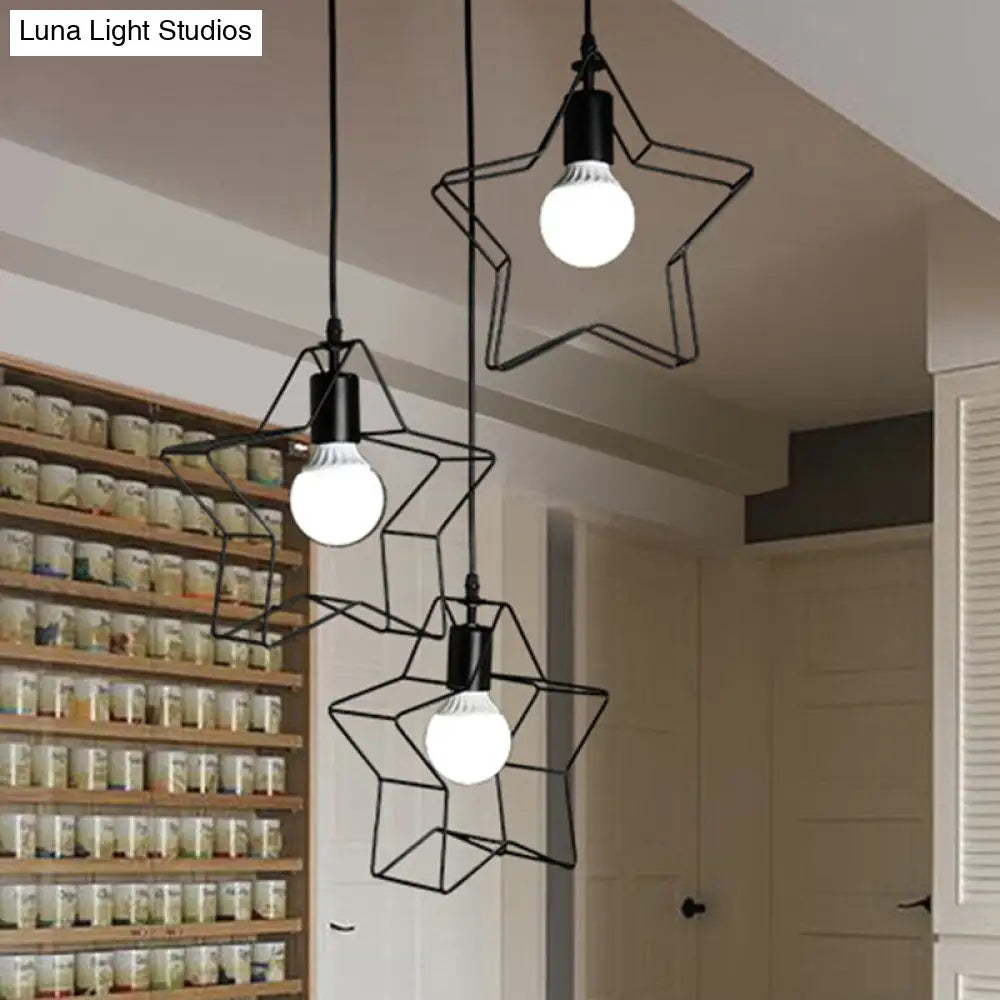 3-Light Industrial Metal Pendant Light with Wire Frame - Black Finish for Star Bedroom