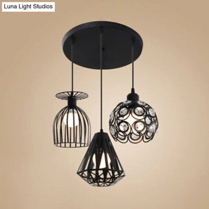 3-Light Loft Style Caged Metal Ceiling Fixture with Black/White Shades - Perfect for Restaurants