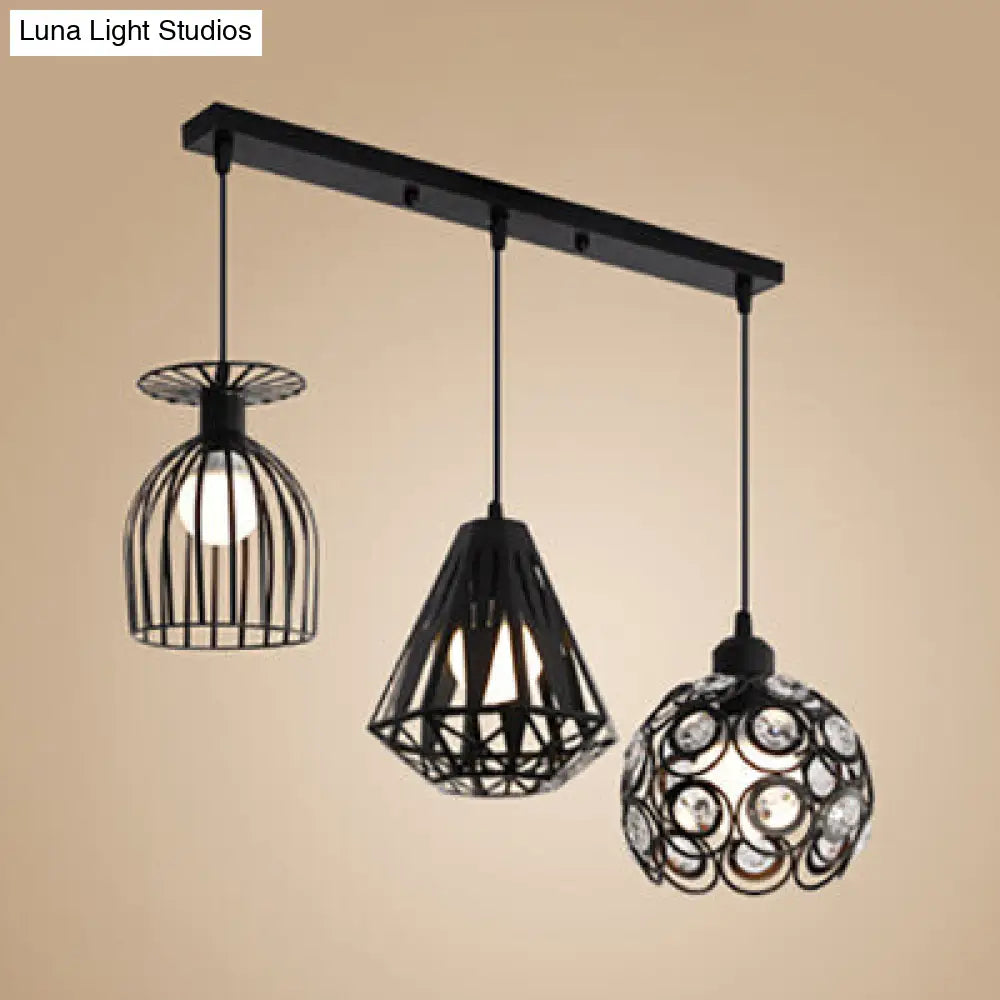 3-Light Loft Style Caged Metal Ceiling Fixture with Black/White Shades - Perfect for Restaurants