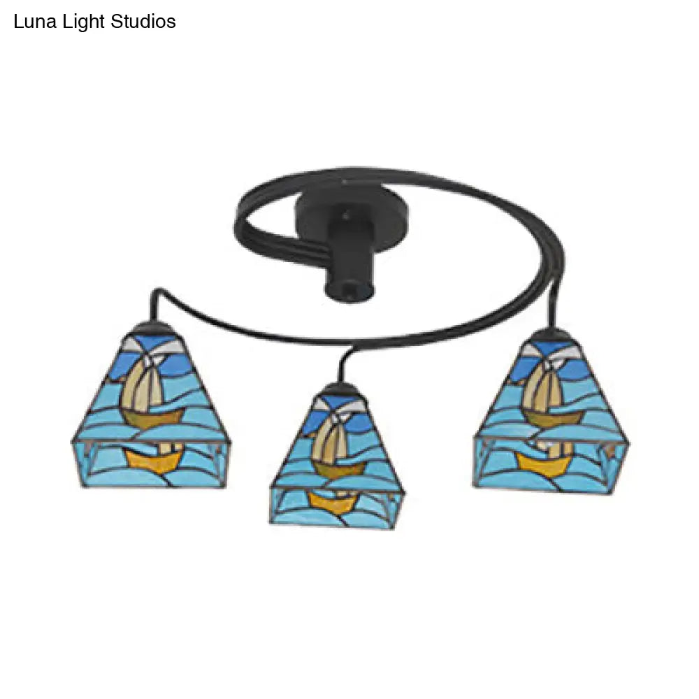 DecorBites™ DecorBites™ 3-Light Mediterranean Stained Glass Semi-Flush Ceiling Fixture with Blue Shade for Dining Room