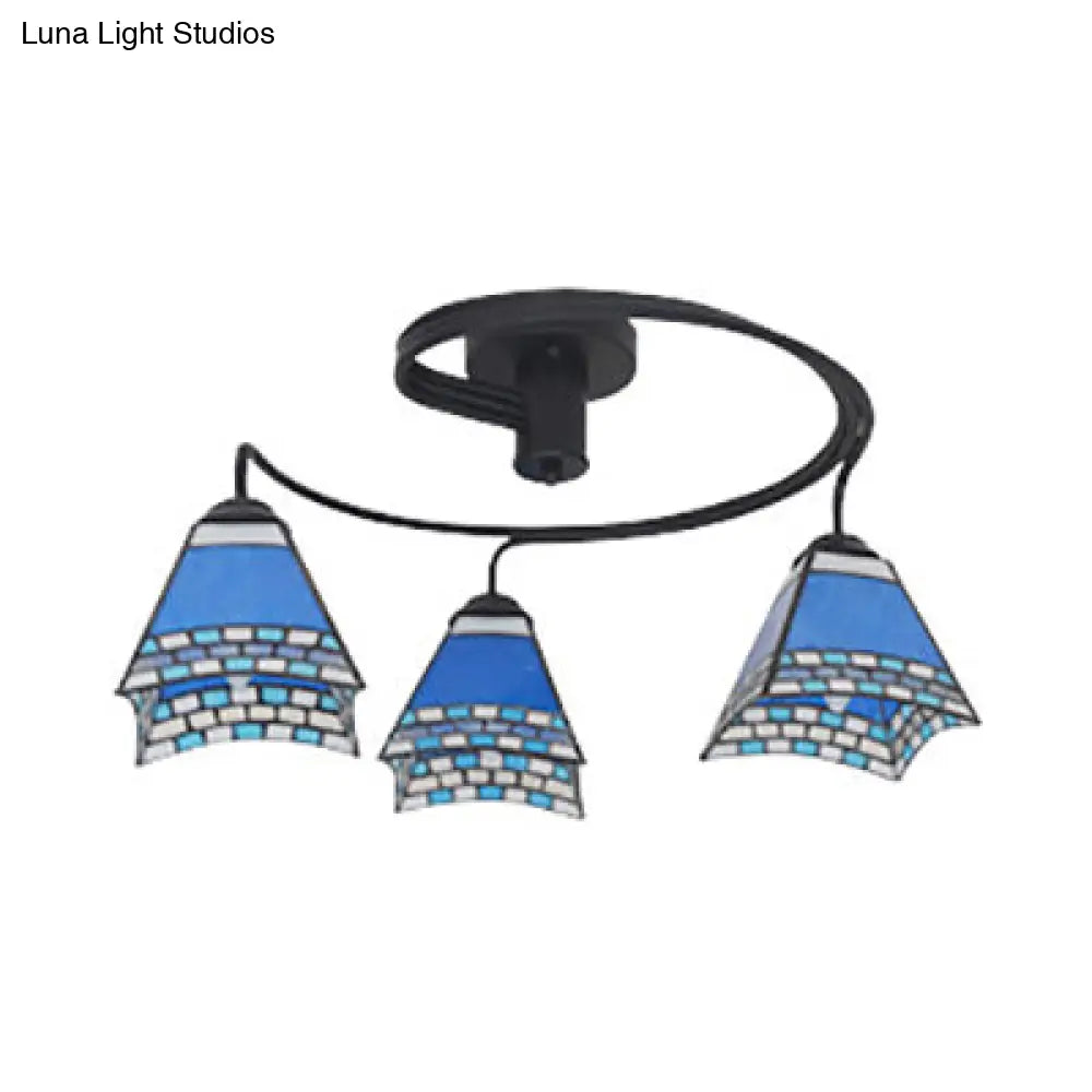 DecorBites™ DecorBites™ 3-Light Mediterranean Stained Glass Semi-Flush Ceiling Fixture with Blue Shade for Dining Room