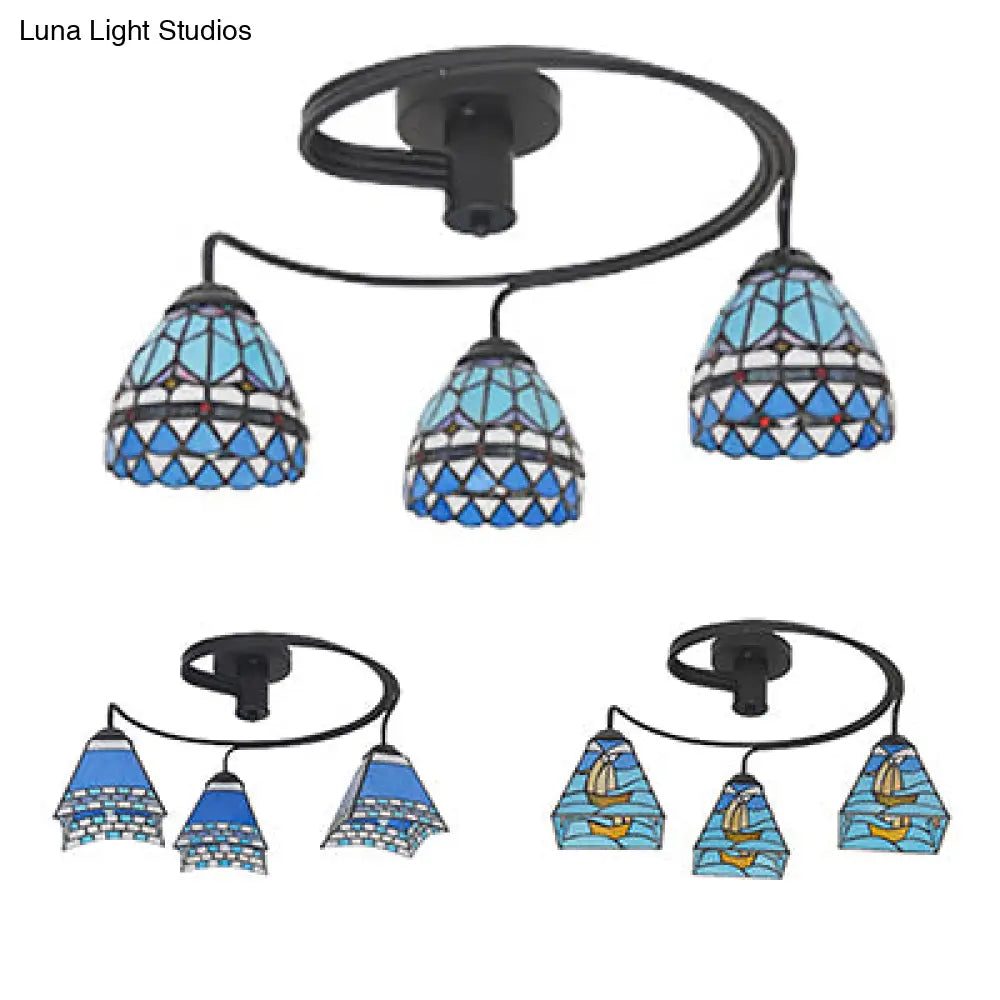 DecorBites™ DecorBites™ 3-Light Mediterranean Stained Glass Semi-Flush Ceiling Fixture with Blue Shade for Dining Room