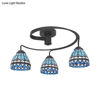 DecorBites™ DecorBites™ 3-Light Mediterranean Stained Glass Semi-Flush Ceiling Fixture with Blue Shade for Dining Room