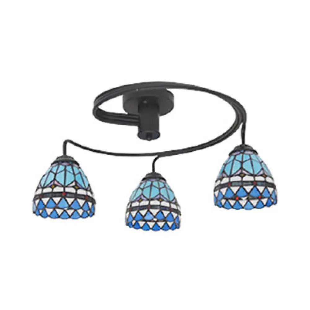 DecorBites™ DecorBites™ 3-Light Mediterranean Stained Glass Semi-Flush Ceiling Fixture with Blue Shade for Dining Room