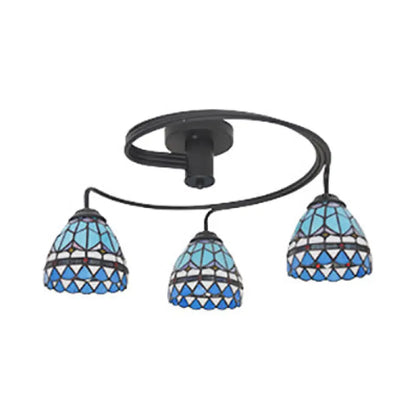 DecorBites™ DecorBites™ 3-Light Mediterranean Stained Glass Semi-Flush Ceiling Fixture with Blue Shade for Dining Room