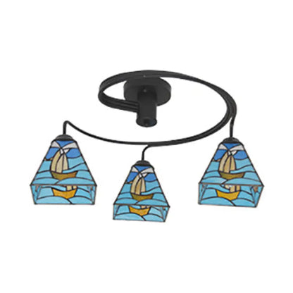 DecorBites™ DecorBites™ 3-Light Mediterranean Stained Glass Semi-Flush Ceiling Fixture with Blue Shade for Dining Room