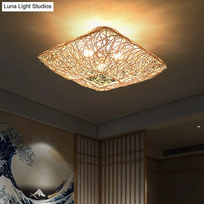 DecorBites™ DecorBites™ 3-Light Square Ceiling Flush Mount Light in Rattan Wood Flush Light for Bedroom