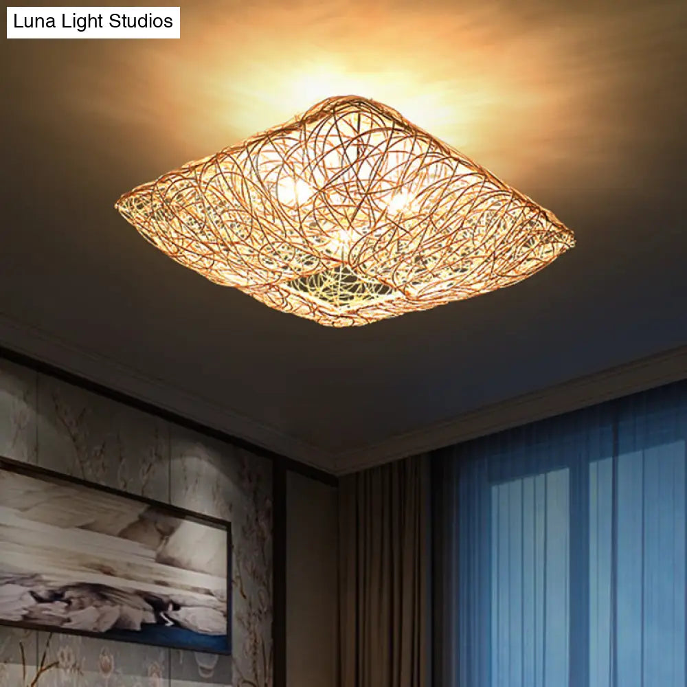 DecorBites™ DecorBites™ 3-Light Square Ceiling Flush Mount Light in Rattan Wood Flush Light for Bedroom